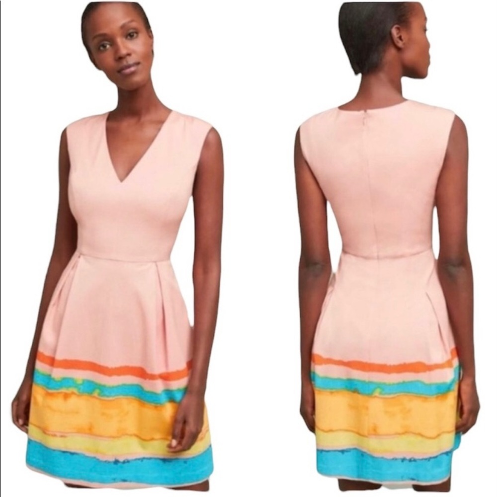 Trace Reese X Anthropologie Painterly Pleated Pink Fit & Flare Dress